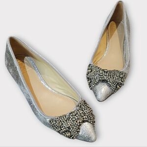 Tory Burch Vanessa Metallic Silver Leather Pointed Toe Flats w/ Embellis…